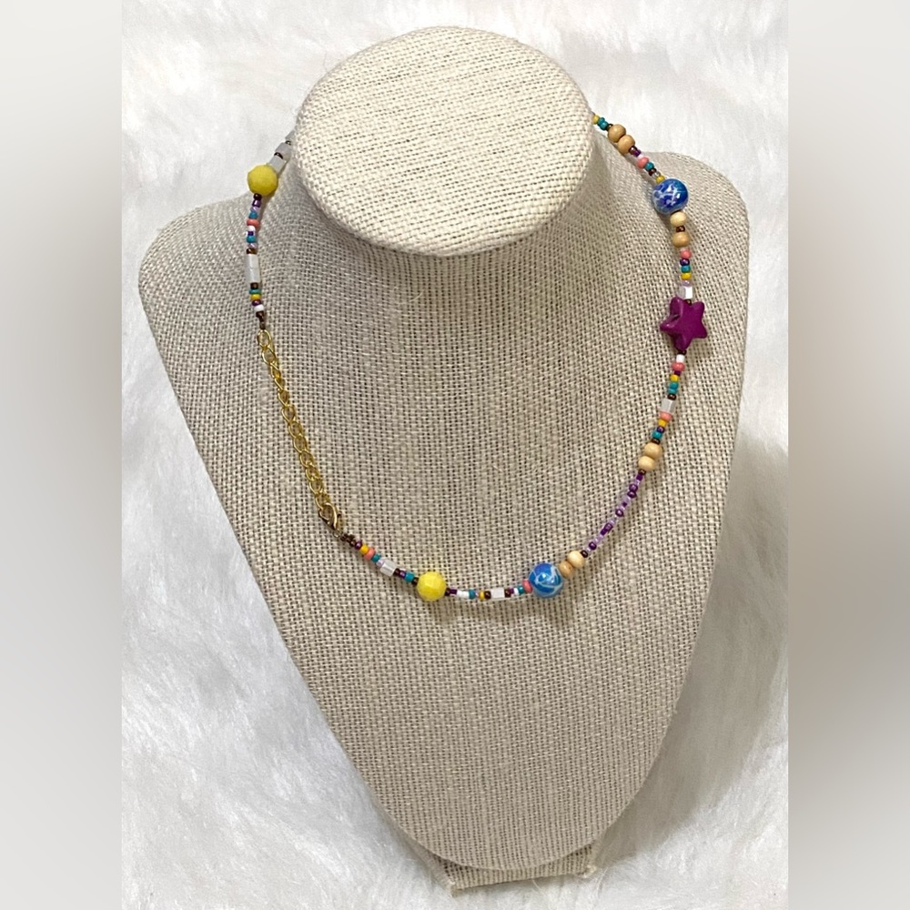 Purple Star Multi-Color Beaded Necklace Boho Y2K Summer Beach Preppy Eclectic - Picture 3 of 7